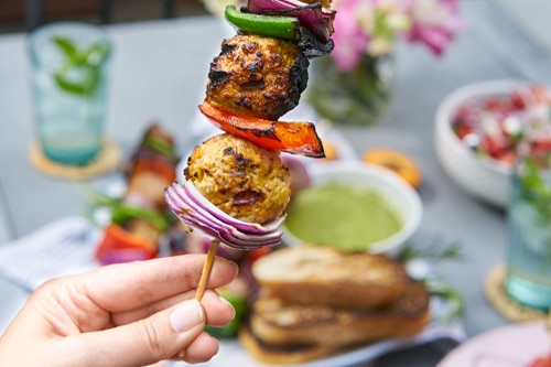 Lamb Meatball and Veggie Skewers with Herb Sauce raw ingredients