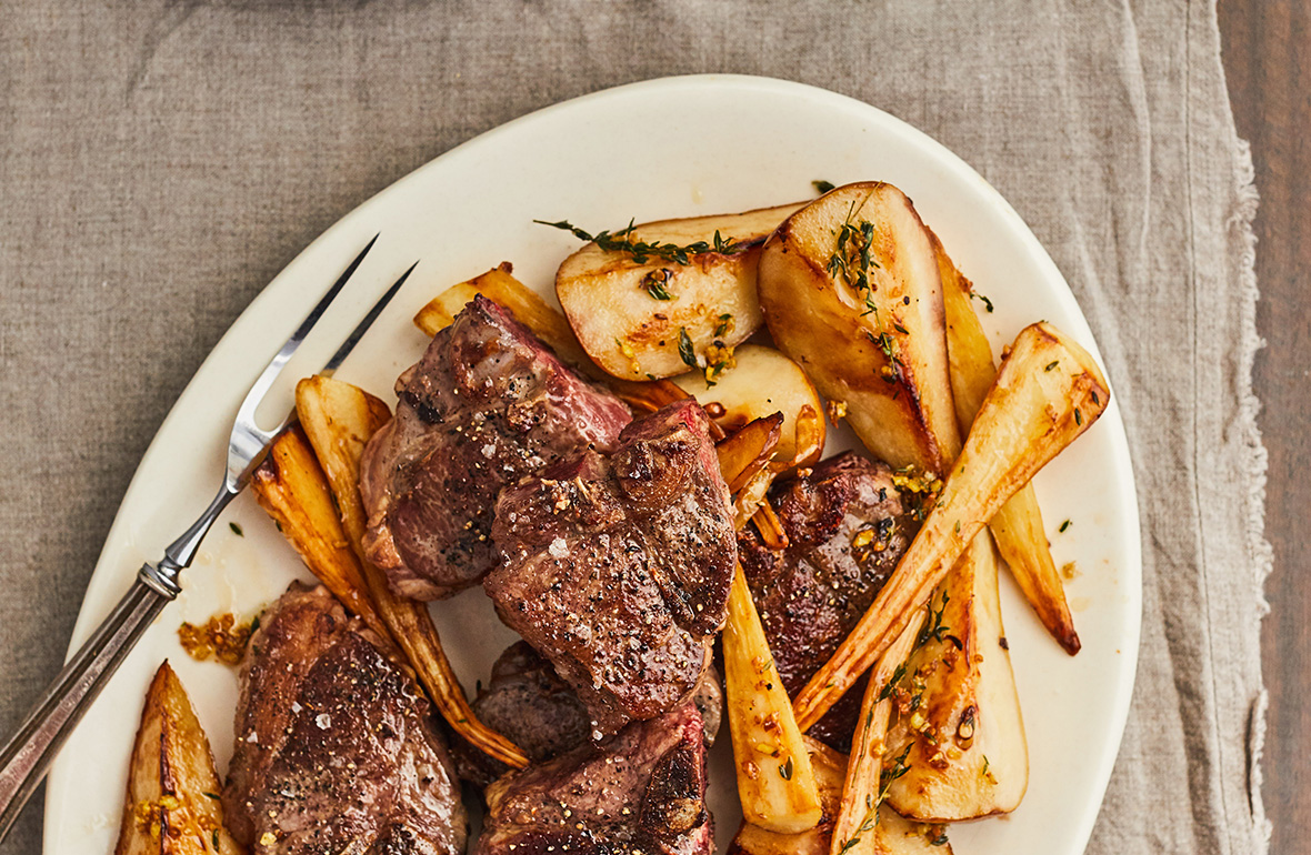 Honeyed Lamb Loin Chops With Roasted Pears and Parsnips Recipe