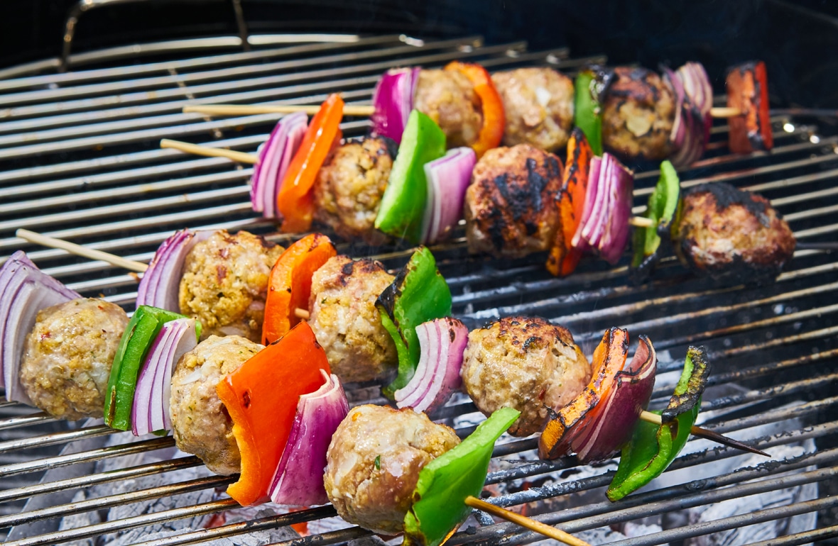 Lamb Meatball and Veggie Skewers with Herb Sauce
